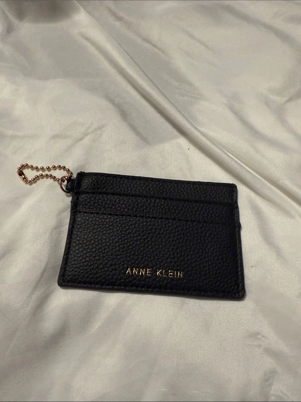 Anne Klein Black Pebbled Leather Card Case with Rose Gold Chain